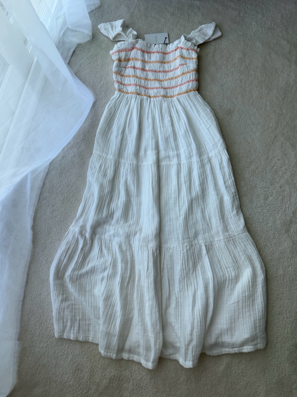 BNWT Greylin White Cotton Maxi Dress with Peach Smocked Bodice
